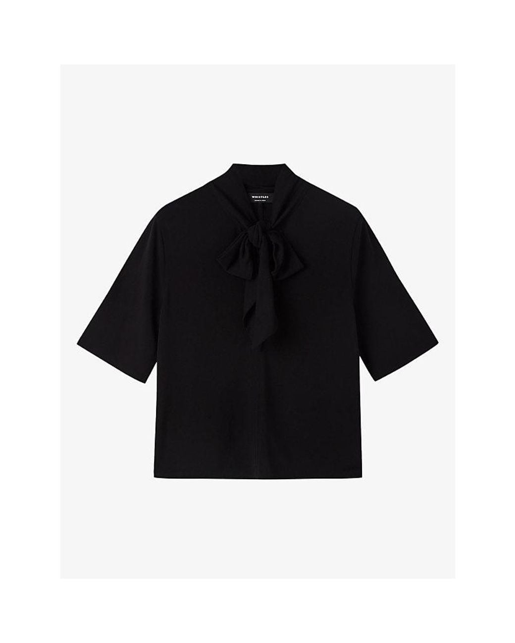 Whistles Black Tie-Neck Short-Sleeve Jersey Top