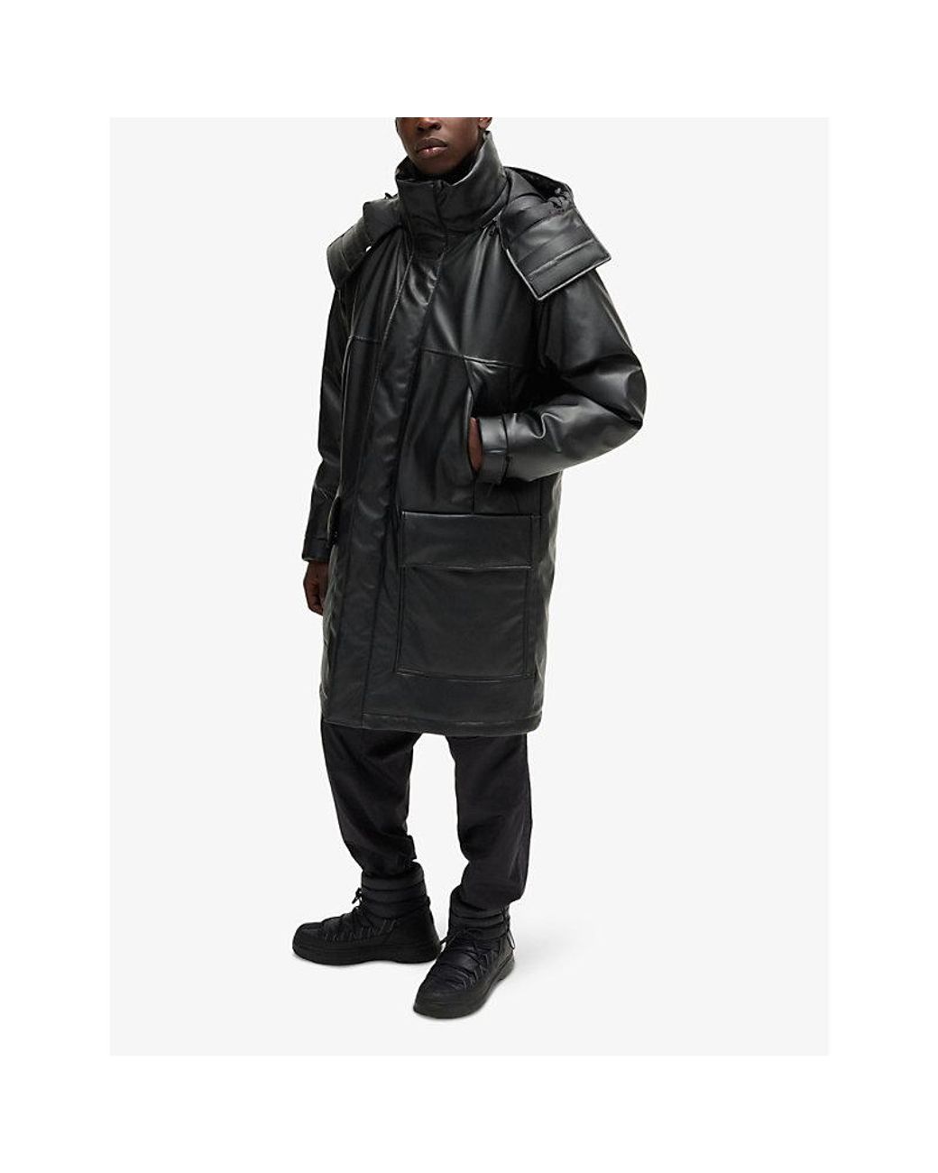 HUGO Black Embossed-Logo Longline Faux Leather-Down Jacket for men