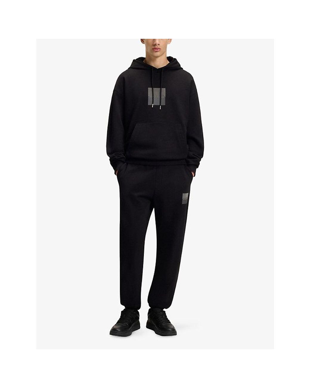 HUGO Black Logo-Print Regular-Fit Cotton Jogging Bottoms for men
