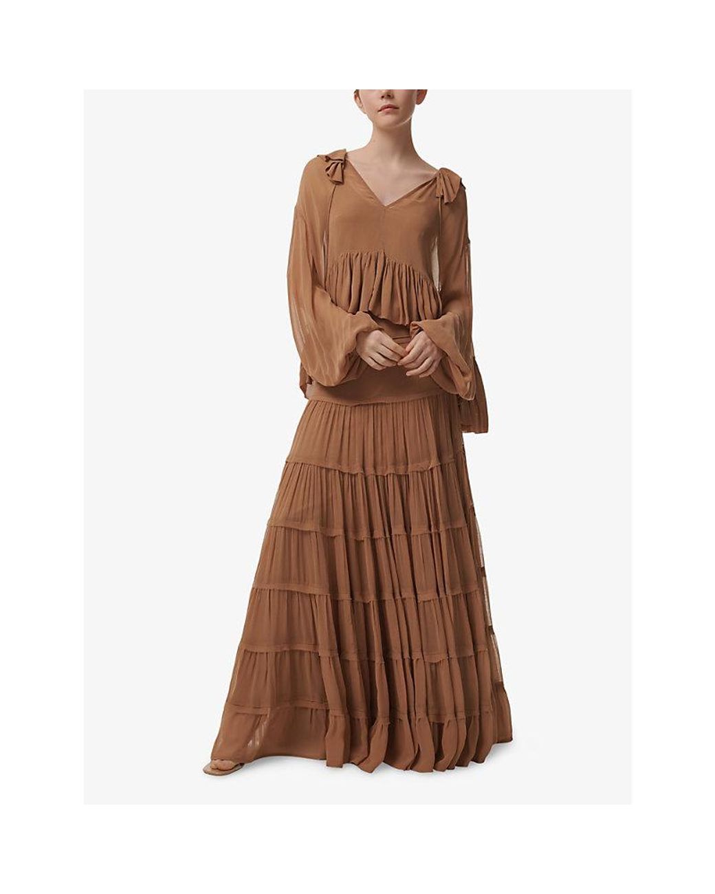 eem Brown Ruffle-Detail Long-Sleeve Woven Top