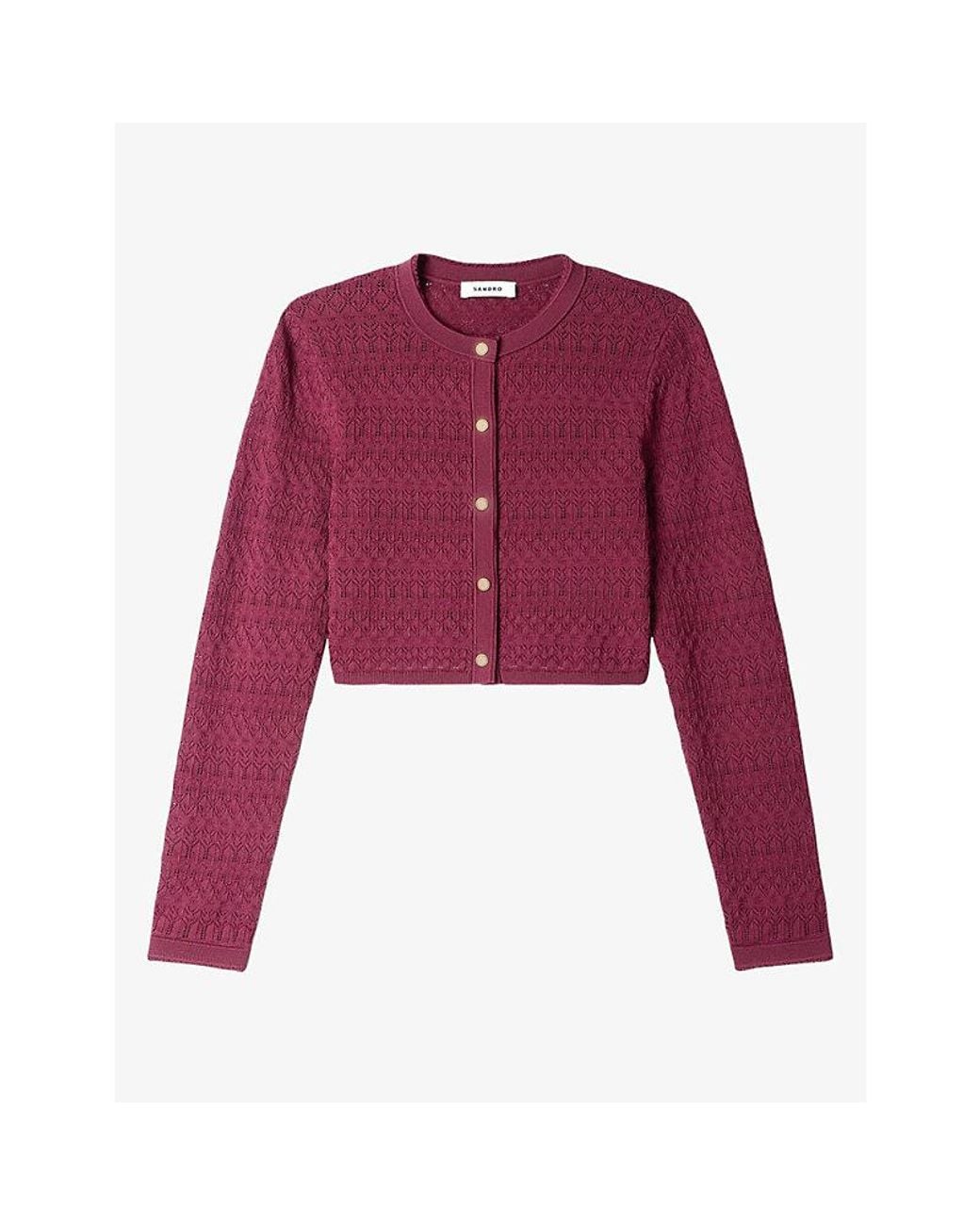Sandro Purple Cropped Pointelle-Knit Cardigan