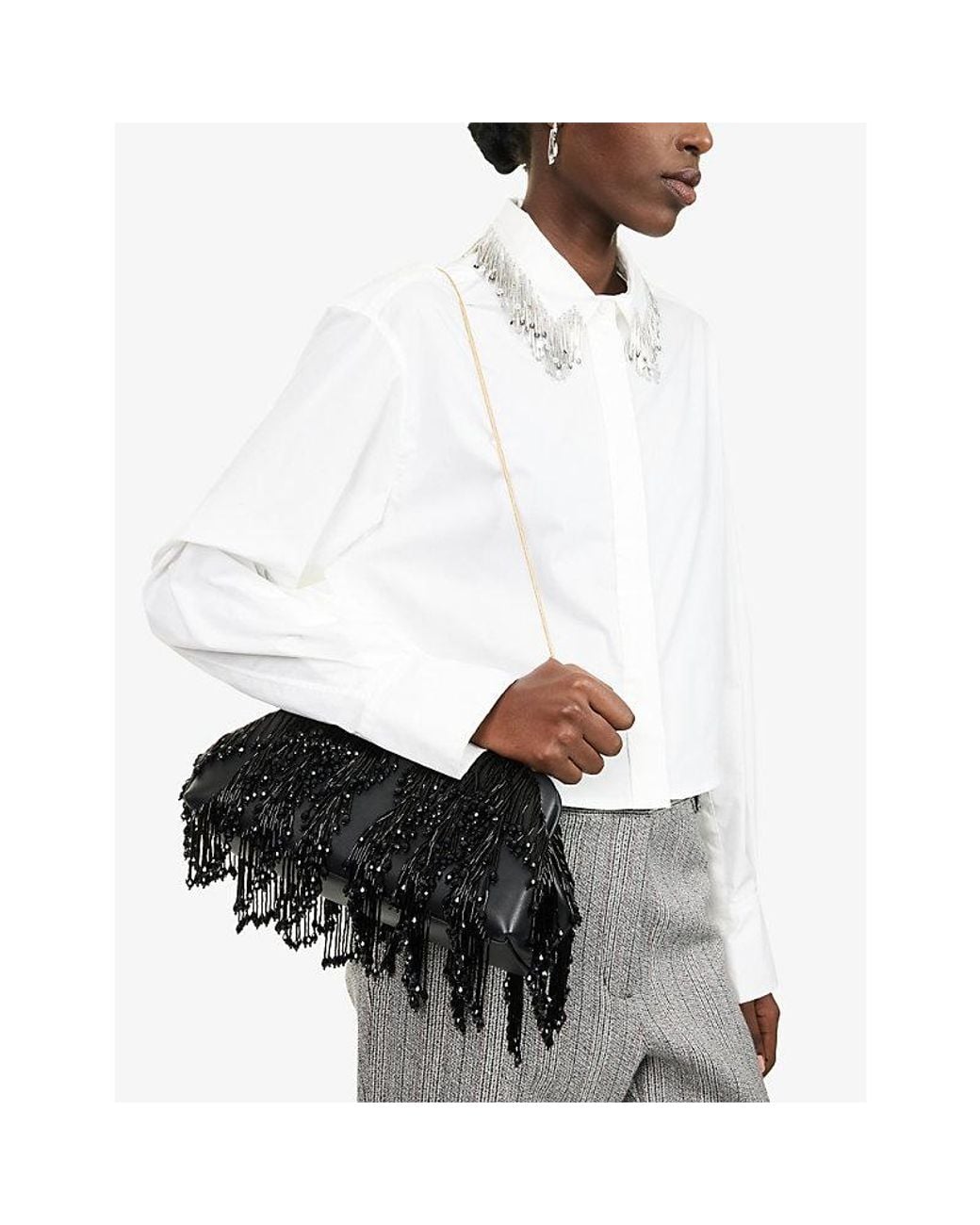 Jonathan Simkhai Black Pia Beaded-Fringe Leather Clutch