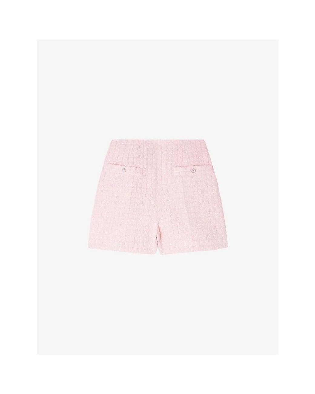 Sandro Pink High-Rise Sequin-Embellished Tweed Shorts
