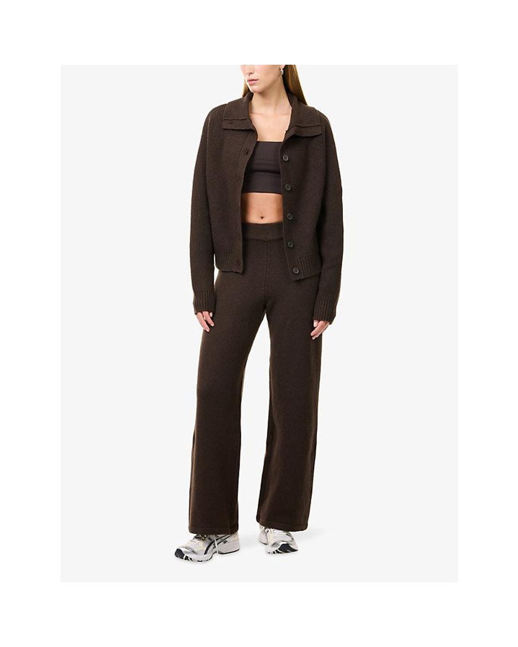 ADANOLA Brown Funnel-Neck Collar Cotton-Knit Cardigan