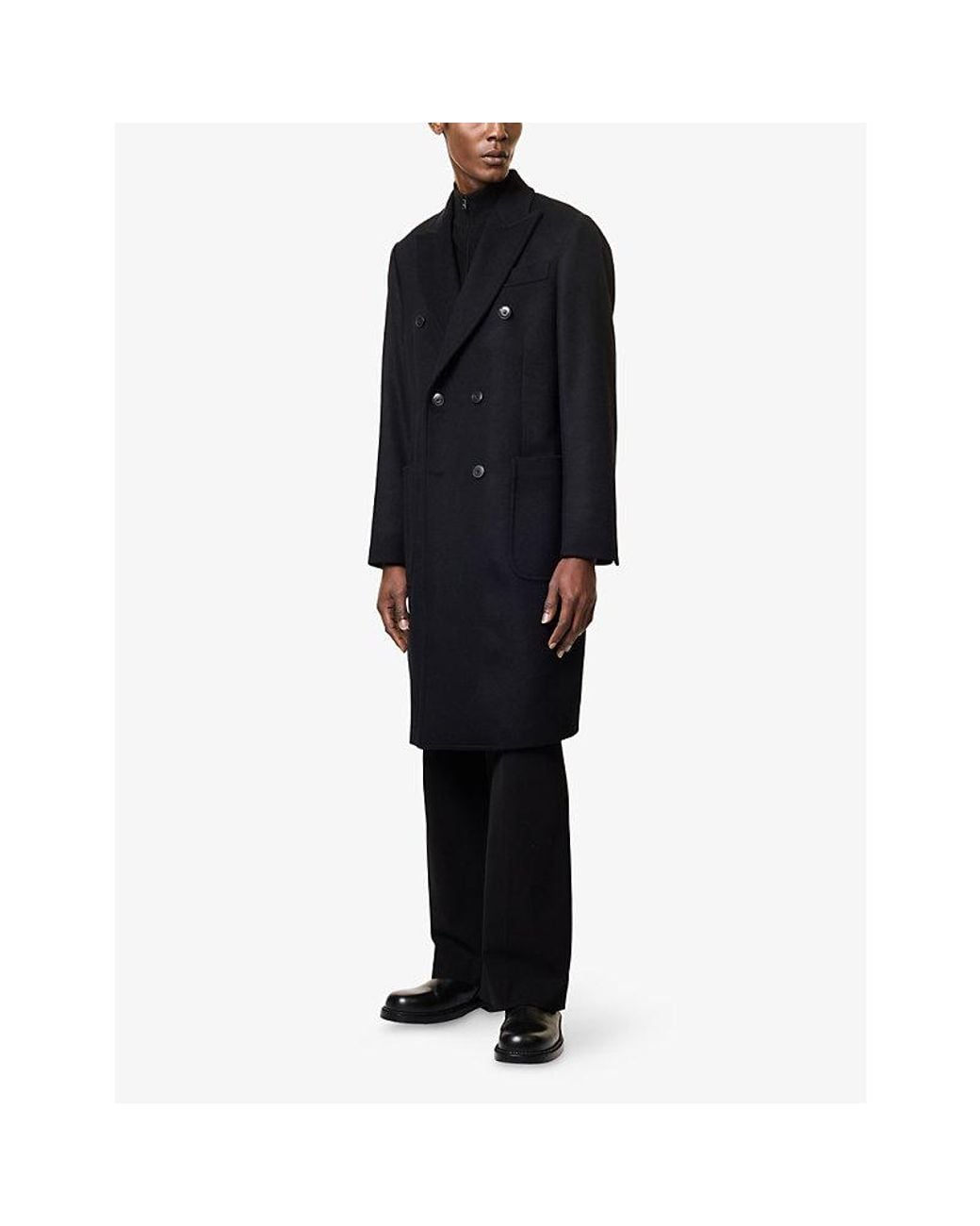 Emporio Armani Black Double-Breasted Peak-Lapel Wool-Cashmere Blend Overcoat for men