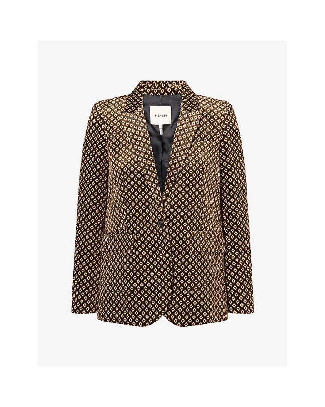 ME+EM Brown Sharp Shoulder Geometric-Print Velvet Blazer