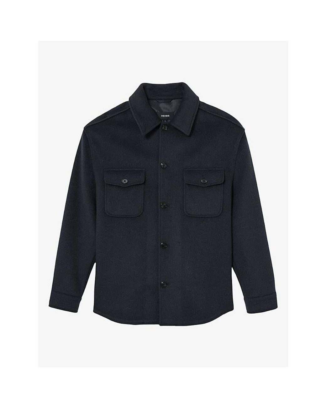 Reiss Blue Liam Patch-Pocket Wool-Blend Overshirt for men