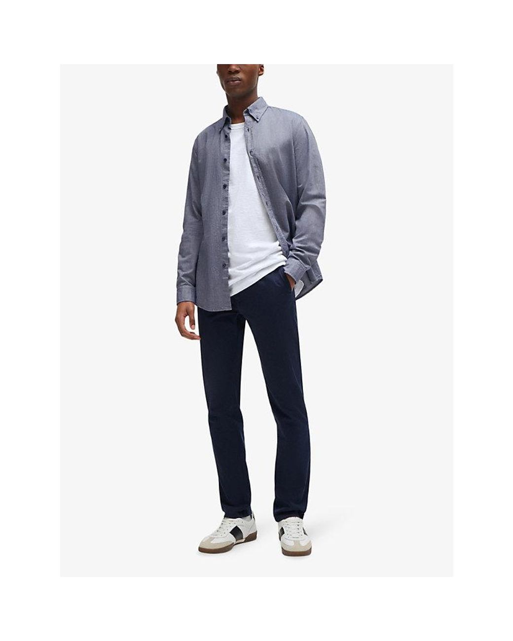 Boss Blue Casual Slim-Fit Straight-Leg Stretch-Cotton Trousers for men