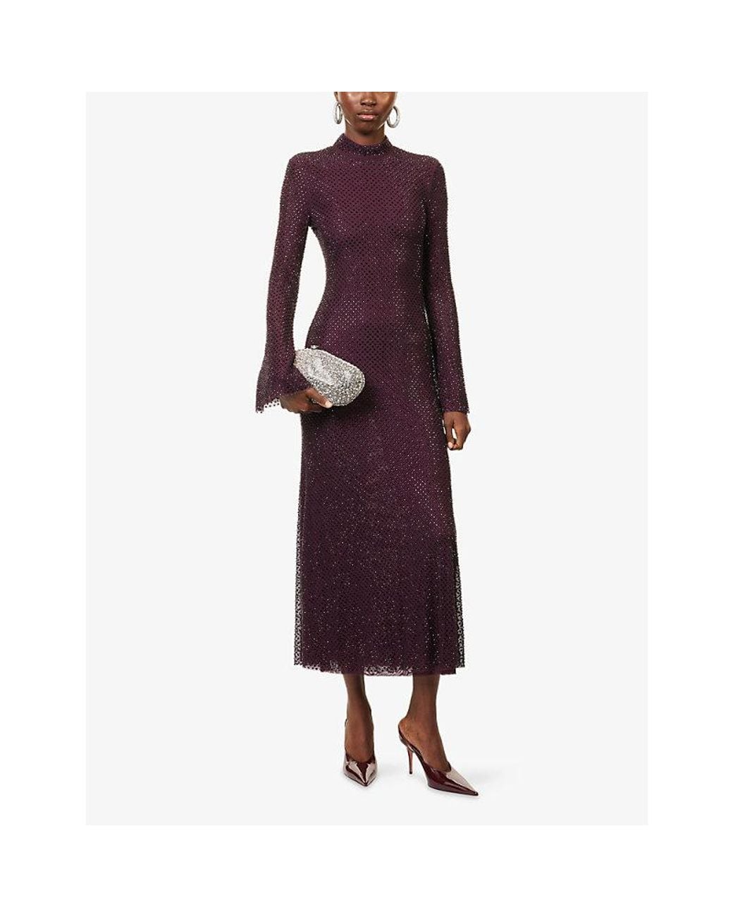 Self-Portrait Rhinestone-Embellished Fishnet-Mesh Midi Dress in Purple |  Lyst