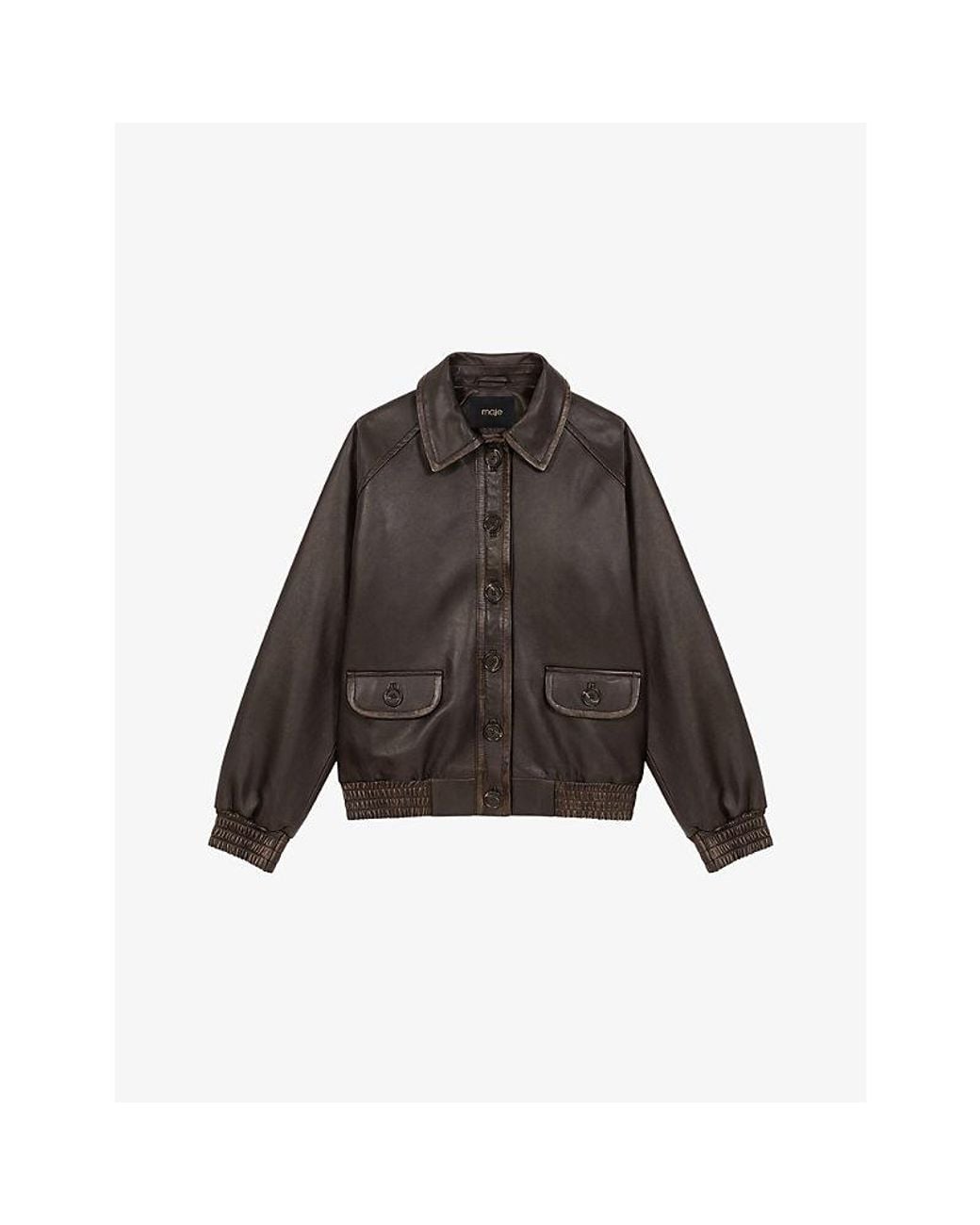 Maje Brown Button-Up Cropped Leather Jacket