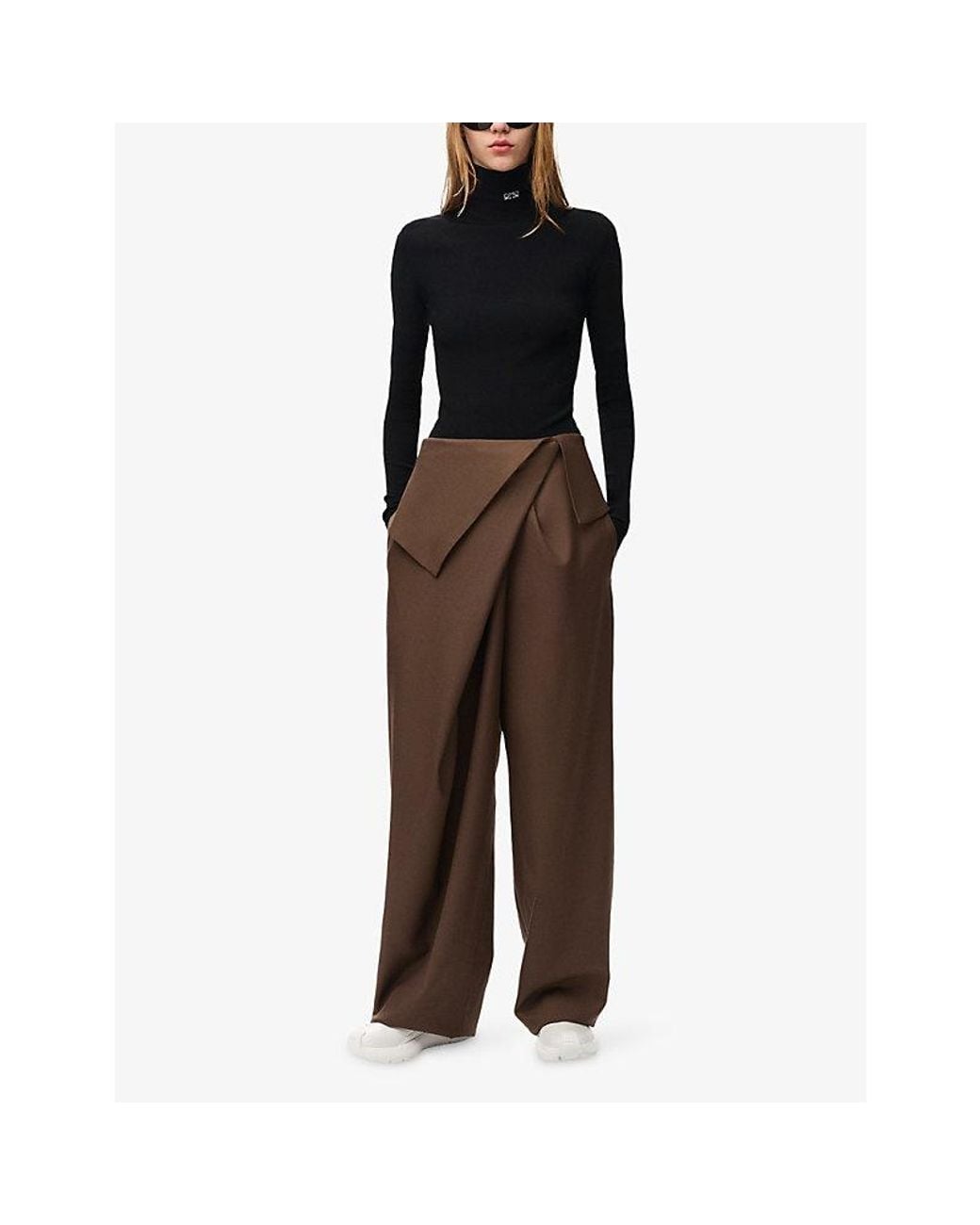 Loewe Brown Asymmetric Draped Wool Trousers