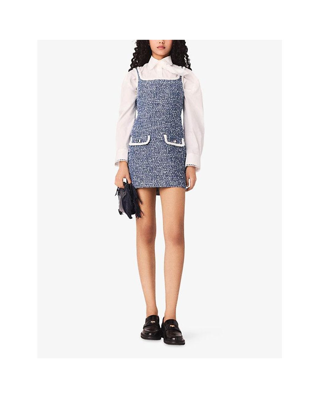 Maje Blue Square-Neck Tweed Cotton-Blend Mini Dress