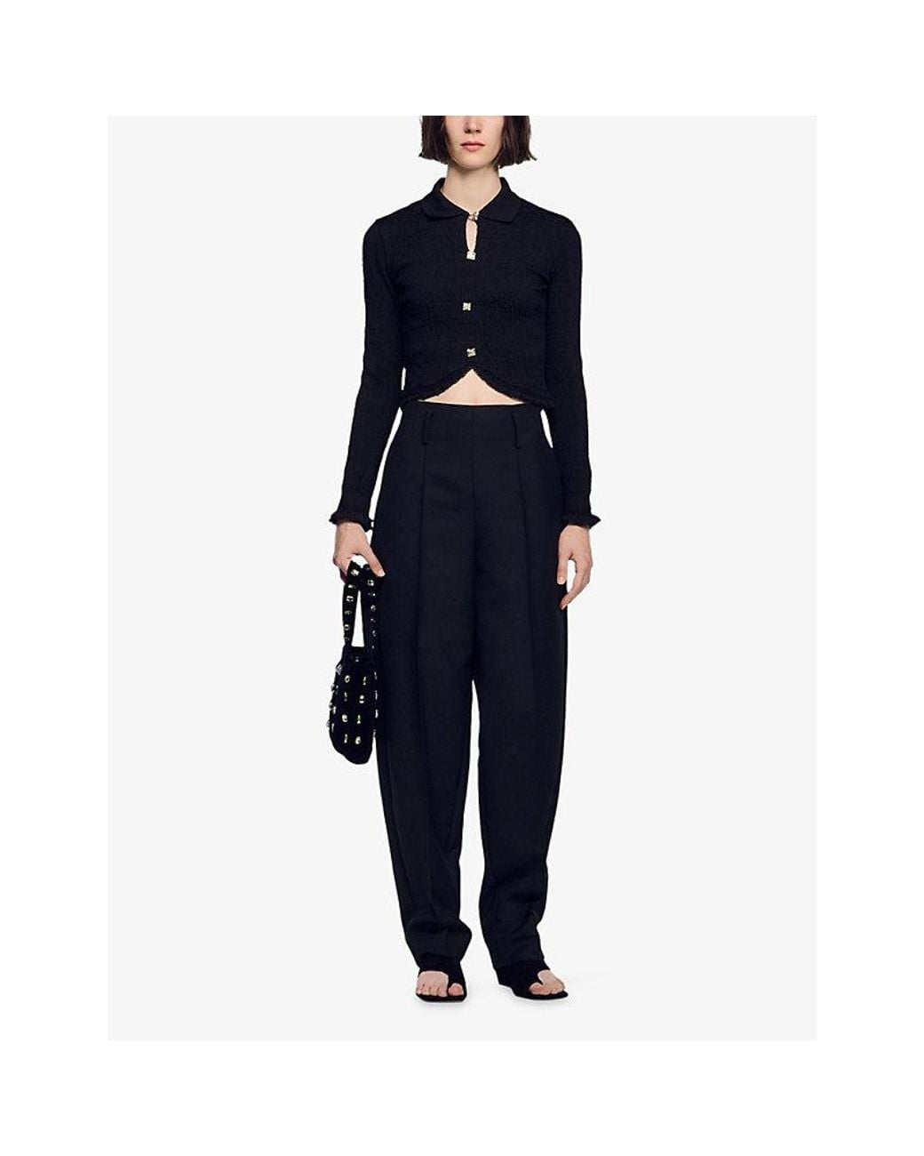 Sandro Black Button-Embellished Cropped Woven T-Shirt