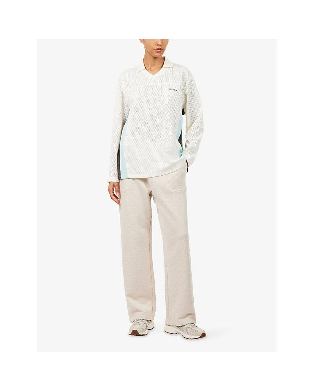 ADANOLA White Collared Long-Sleeve Mesh Jersey Top