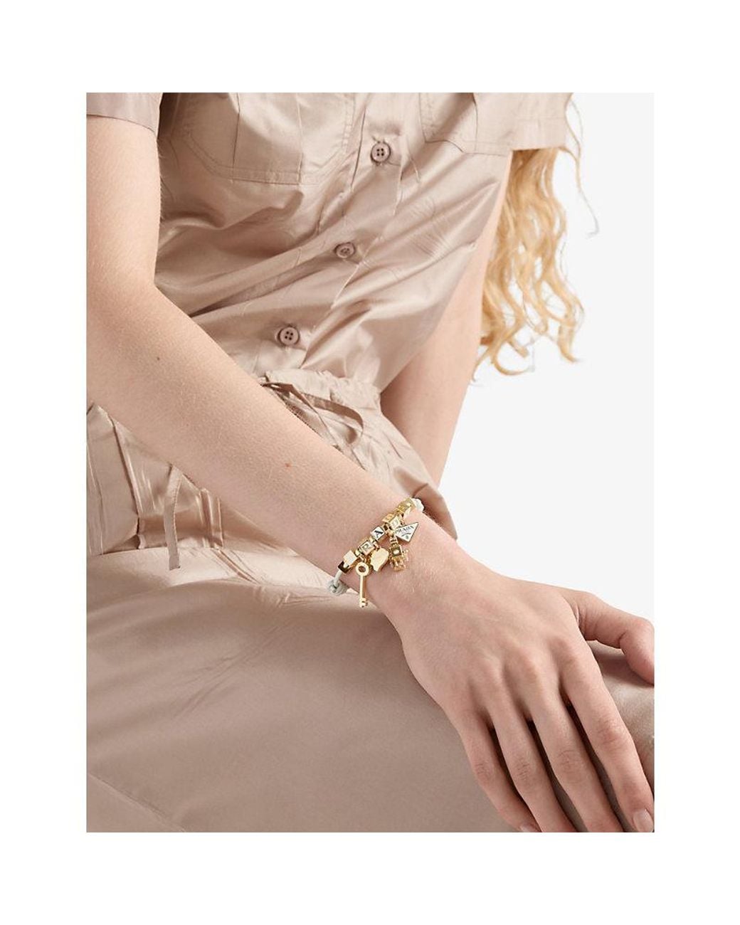 Prada Metallic Brand-Charm Leather And Metal Bracelet