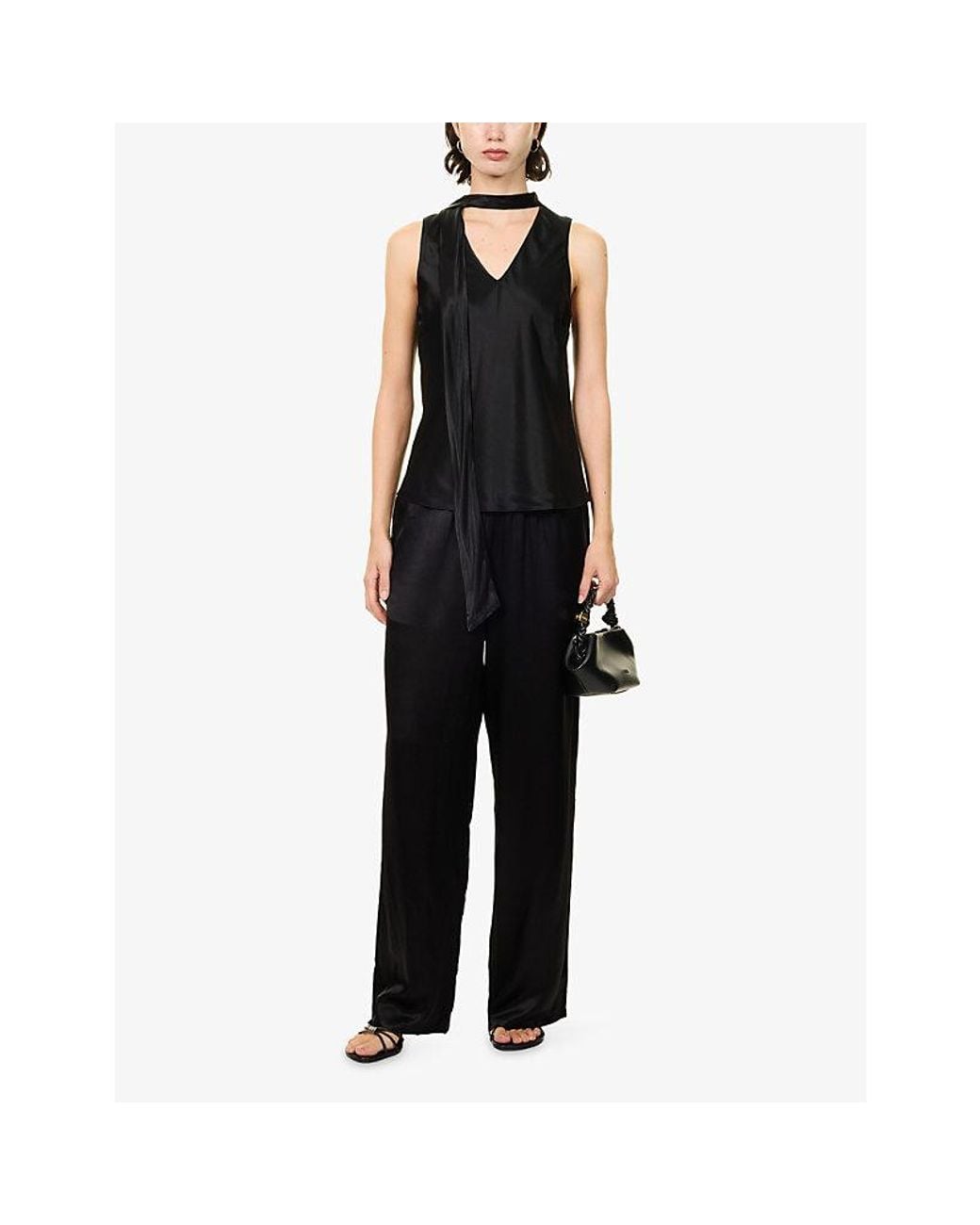Rails Black Poppy Neck-Tie Satin Blouse Top