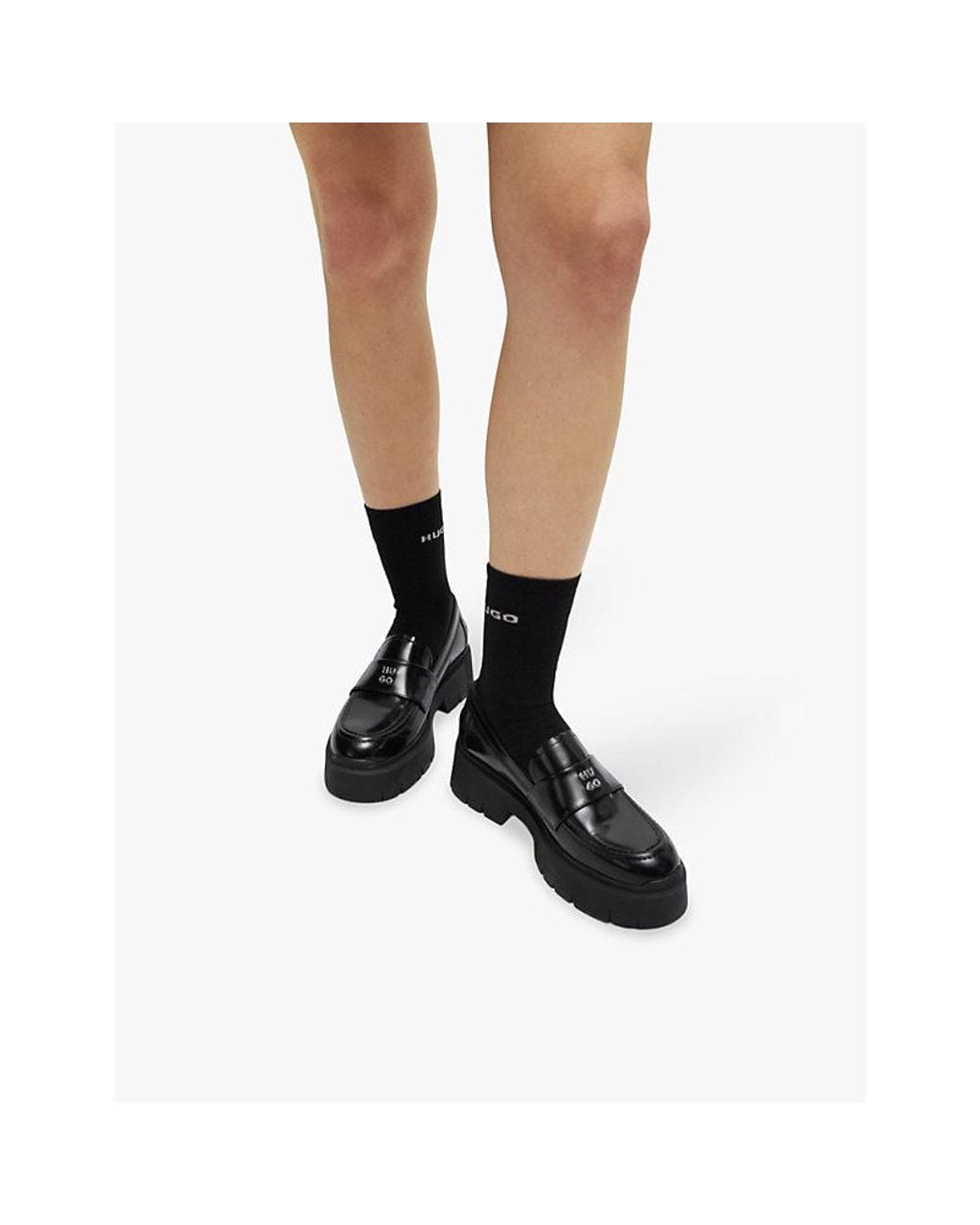 HUGO Black Stacked-Logo Chunky Faux Leather Loafers