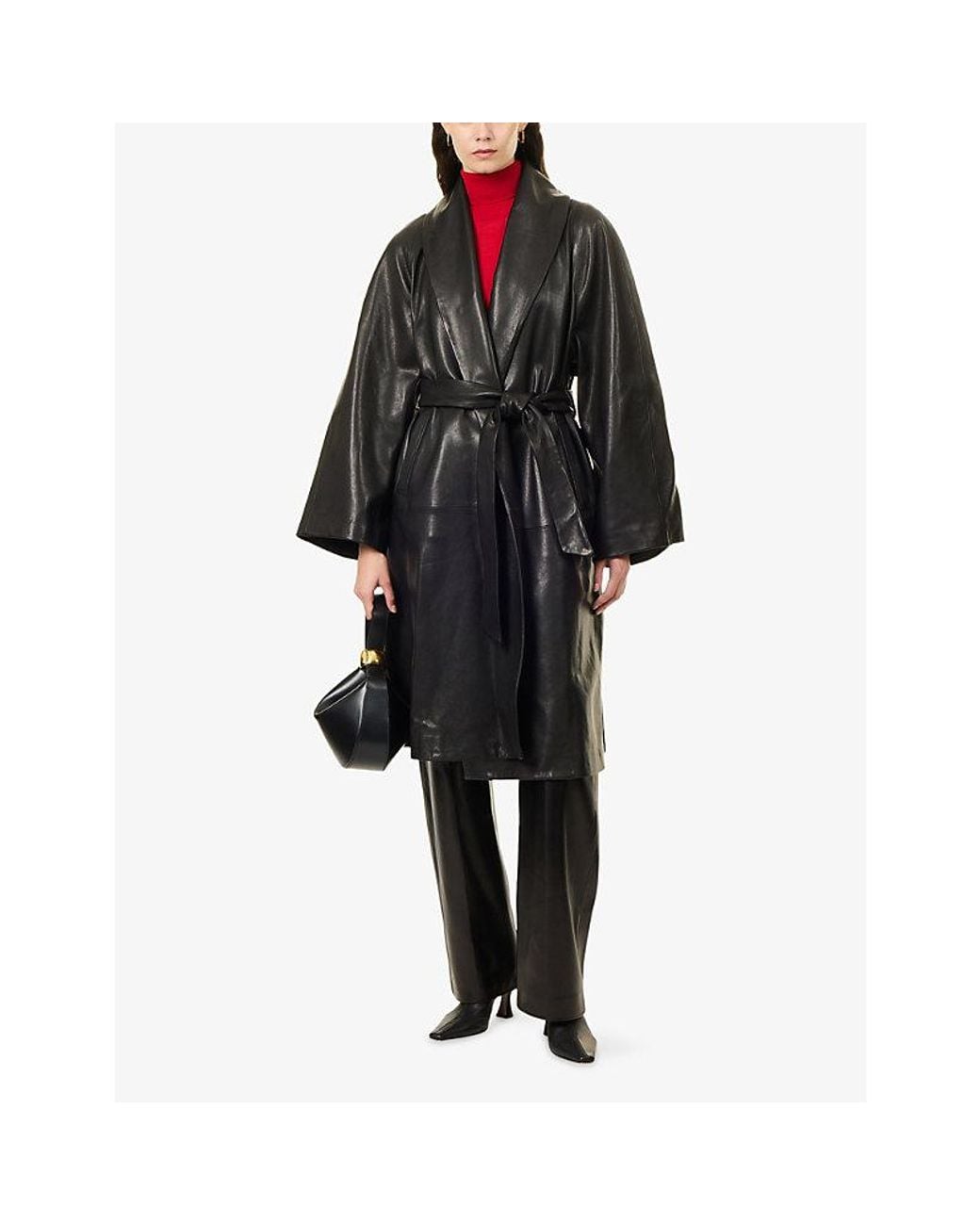 Nour Hammour Black Sylvie Shawl-Lapel Leather Coat