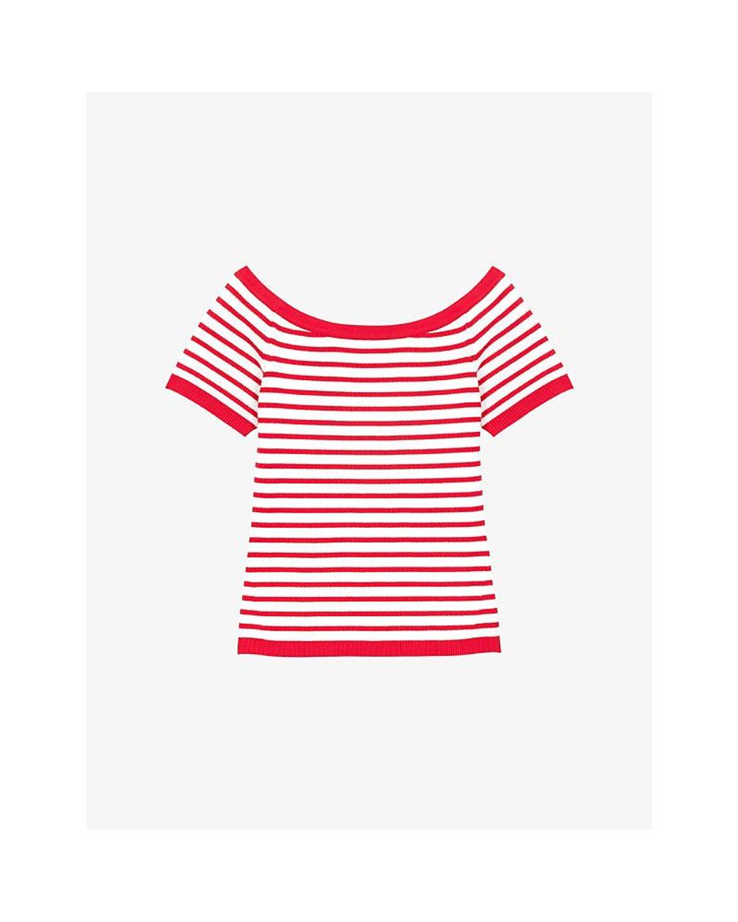 Maje Red Striped Boat-Neck Cotton-Blend Top