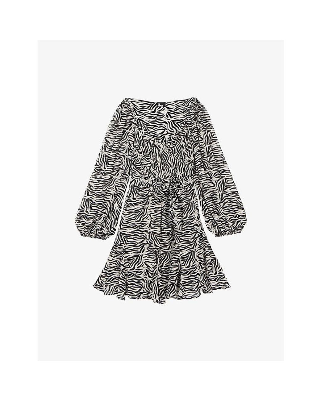 The Kooples Gray Graphic-Print Tie-Waist Woven Mini Dress