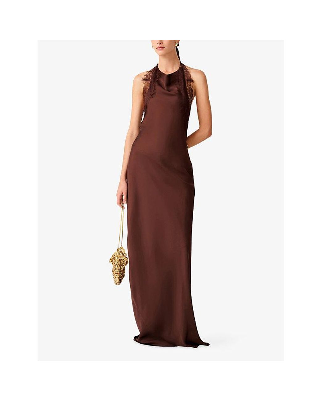 OMNES Brown Benita Halterneck Satin Maxi Dress