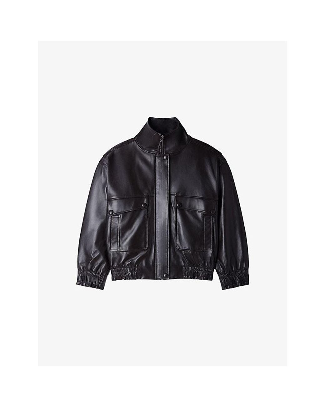 Sandro Black Oversized Stand-Collar Leather Jacket