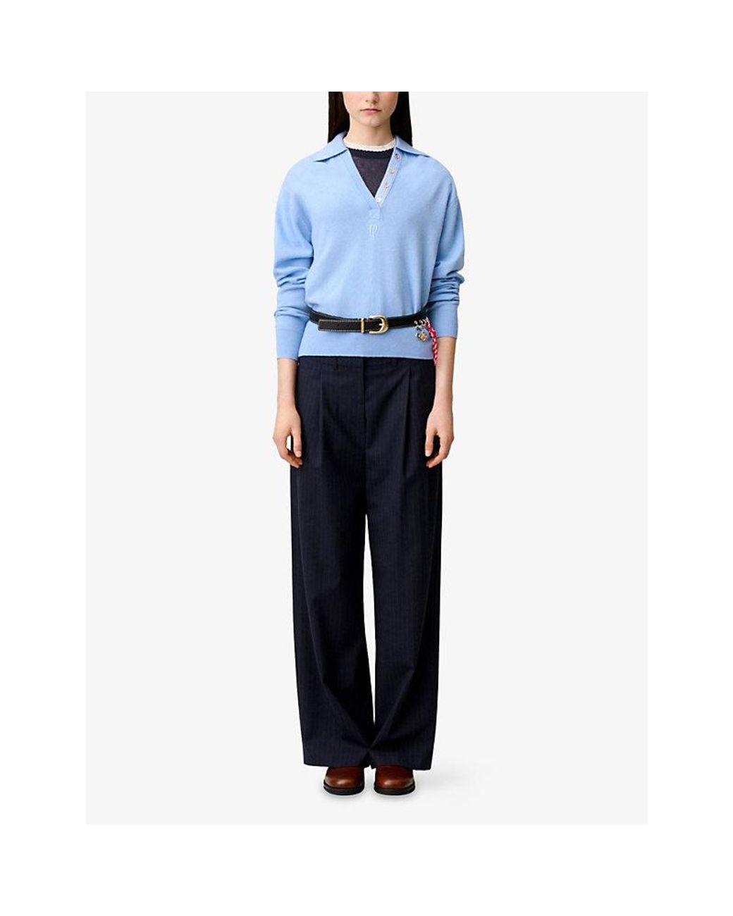 Claudie Pierlot Blue Logo-Embroidered Wool And Cashmere Polo Jumper