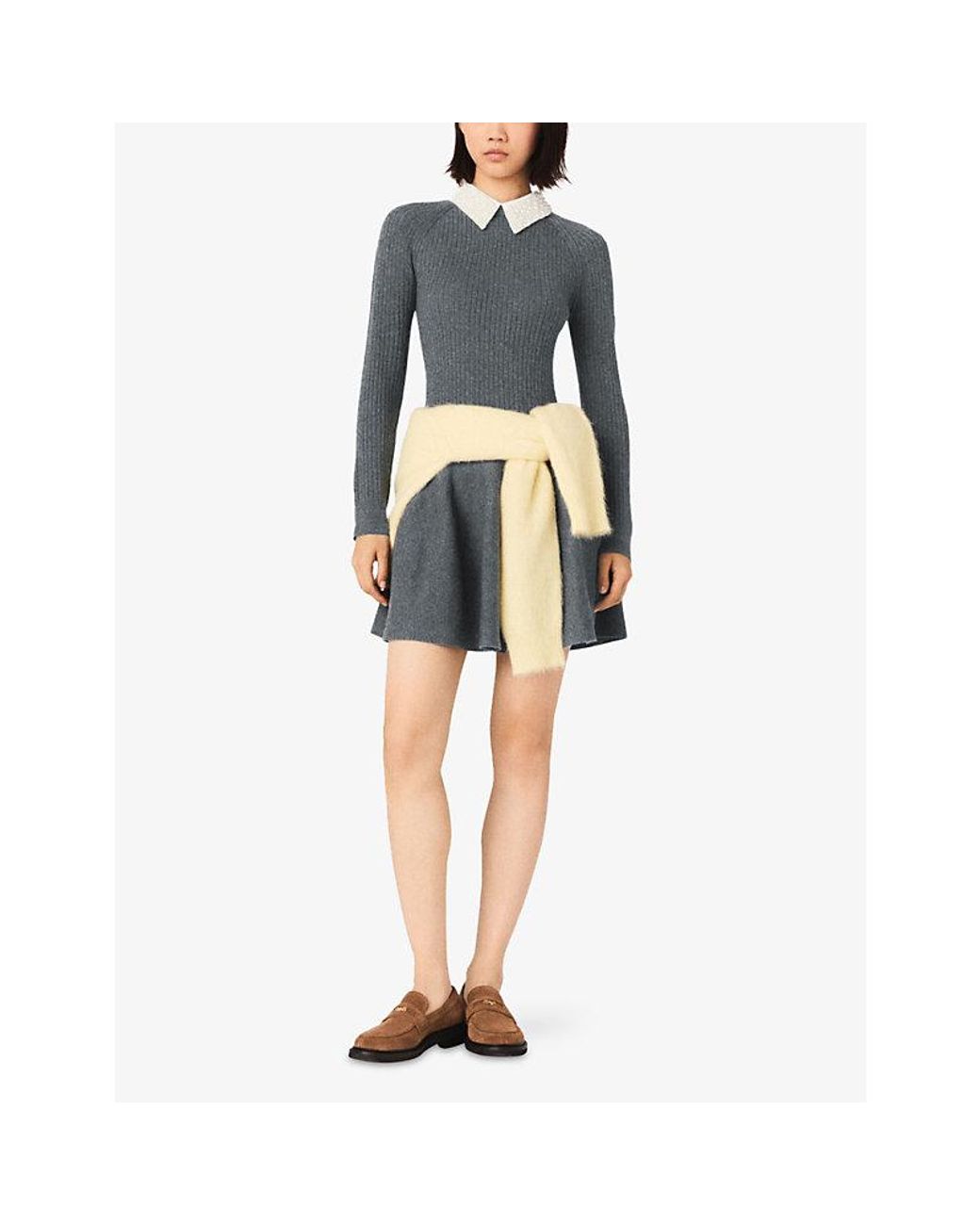 Maje Gray Ribbed Beaded-Collar Stretch-Knit Mini Dress