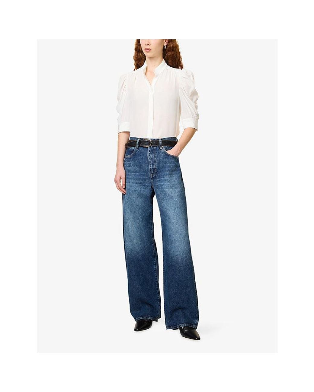 FRAME White Gillian Ruched-Sleeve Silk Blouse