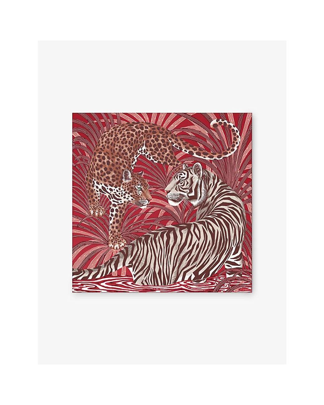 Cartier Red Panthère And Tiger Printed Silk Scarf