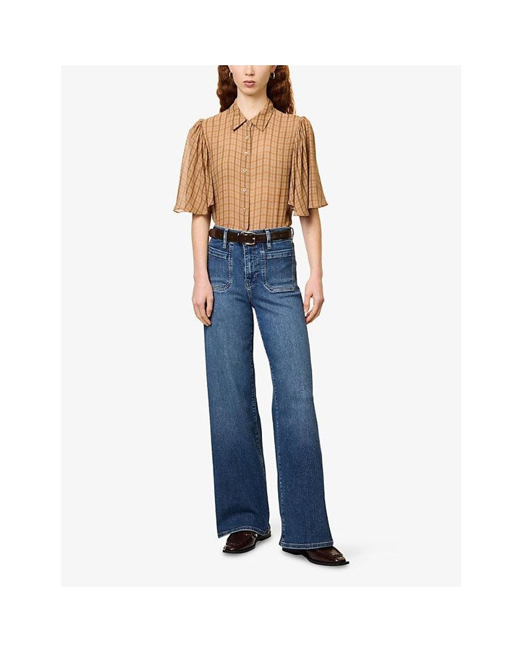 FRAME Brown The Flutter Checked Silk Blouse