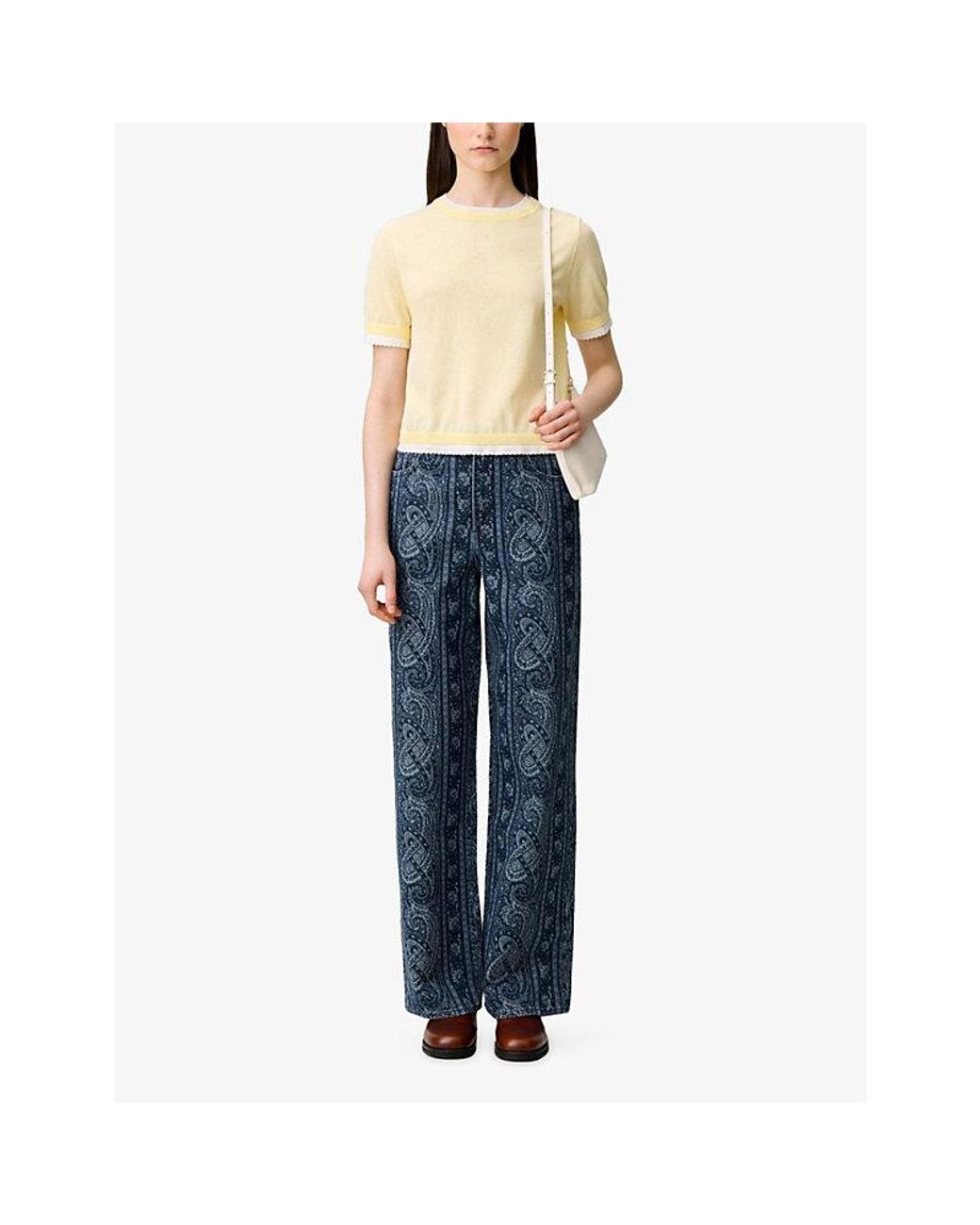 Claudie Pierlot Natural Contrast-Knit Short-Sleeve Cotton-Blend Jumper