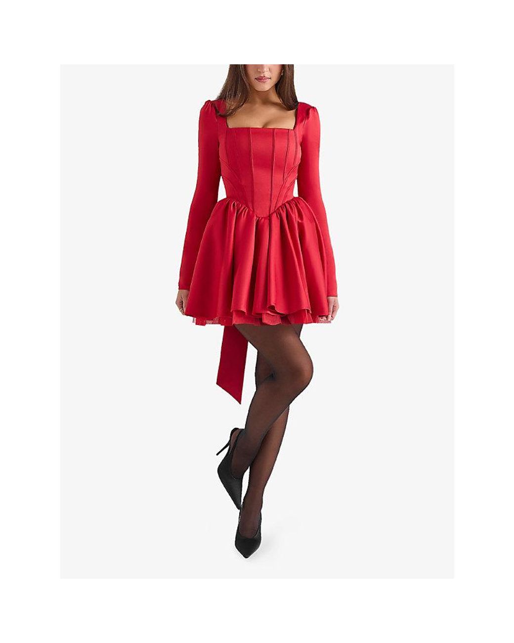 House Of Cb Red Nina Long-Sleeve Corset Satin Mini Dress