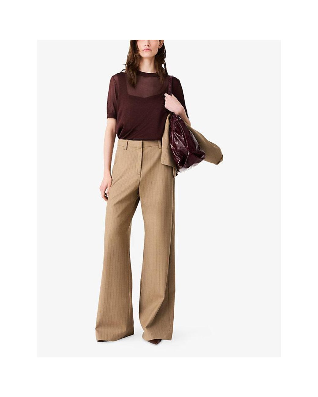 Maje Natural Pinstriped Flared-Leg High-Rise Wool-Blend Trousers