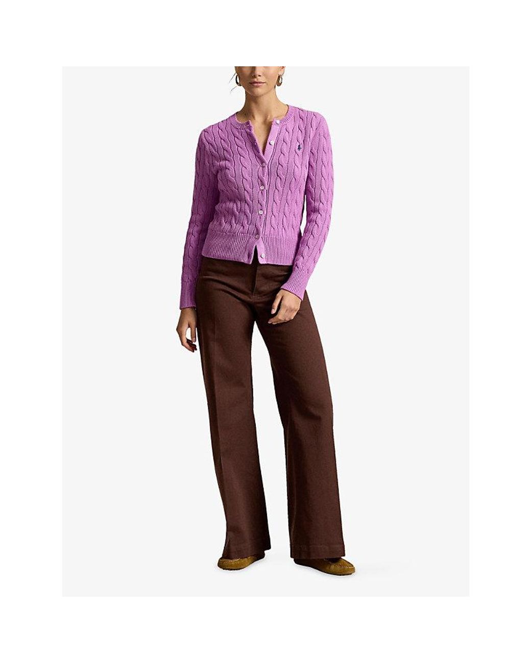 Polo Ralph Lauren Purple Brand-Embroidered Cable-Knitted Cotton Cardigan