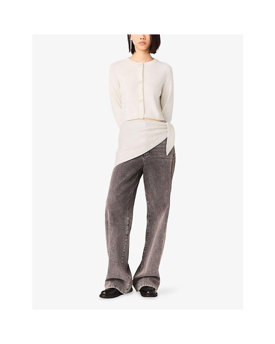 Maje White Bow-Button Round-Neck Wool Cardigan