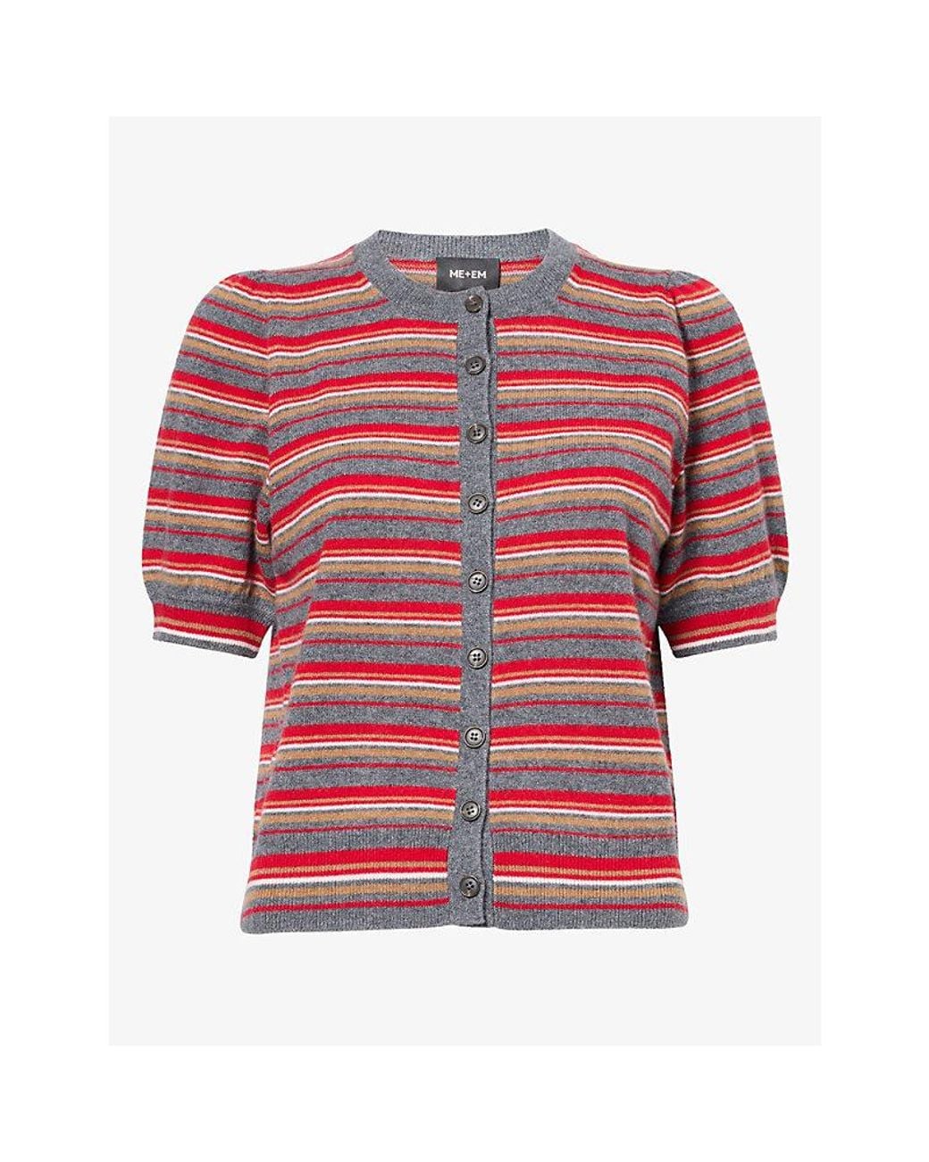 ME+EM Red Striped Buttoned Cashmere Knit Top