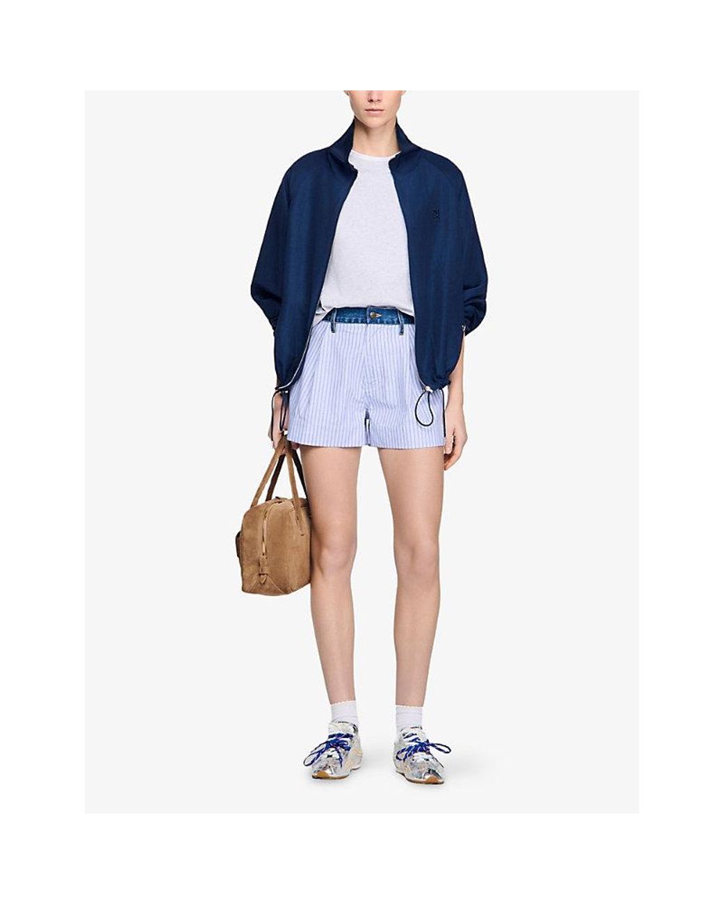 Sandro Blue Striped Denim-Trim Woven Shorts