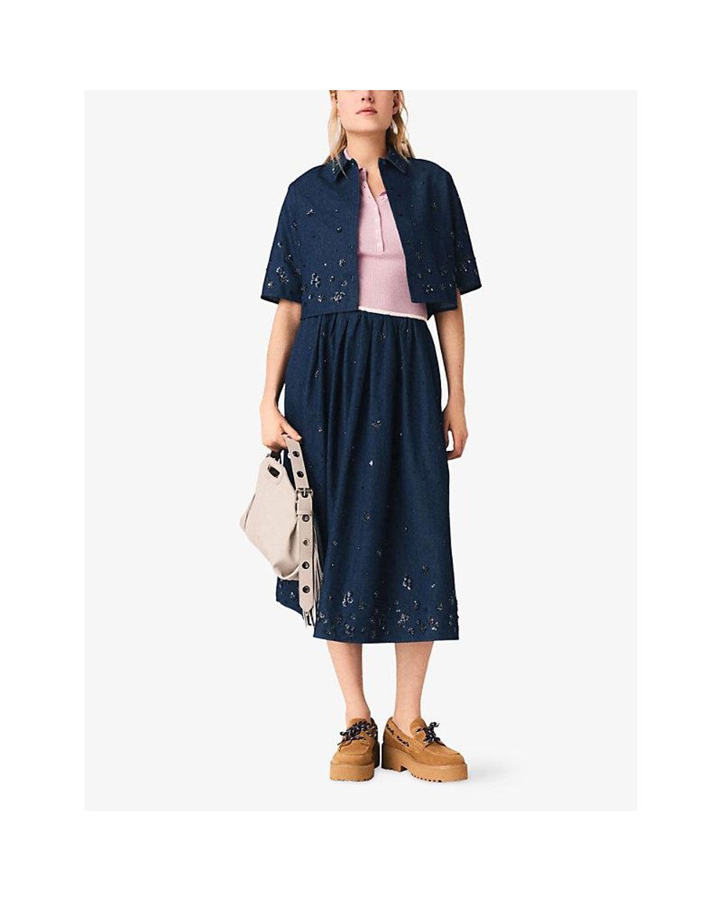 Maje Blue Bead-Embellished Cropped Denim Shirt