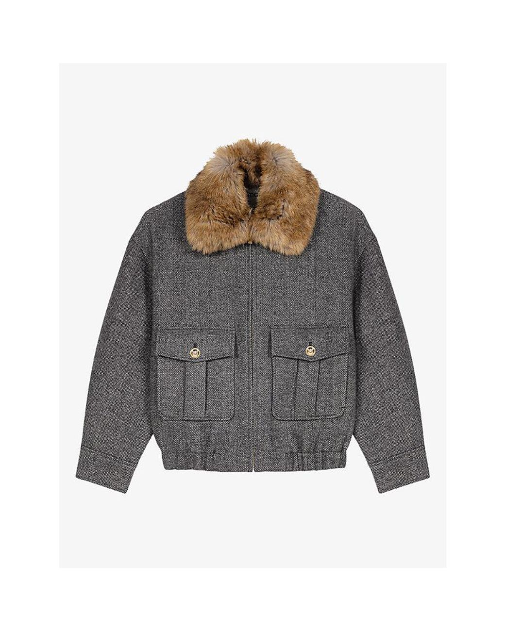 Maje Gray Faux Fur-Collar Herringbone Wool-Blend Jacket