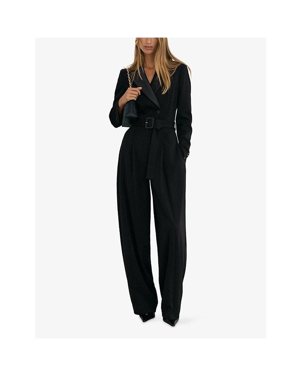 Reiss Black Remi Wide-Leg Woven Tuxedo Jumpsuit