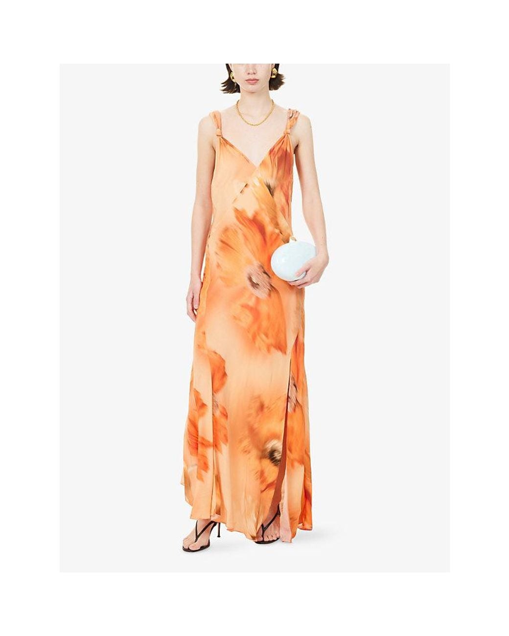 Never Fully Dressed Orange Sofia Floral Knot-Strap Bias-Cut Woven Maxi Dress