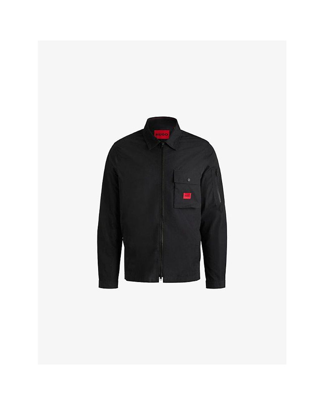 HUGO Black Brand-Patch Flap-Pocket Cotton-Blend Overshirt for men