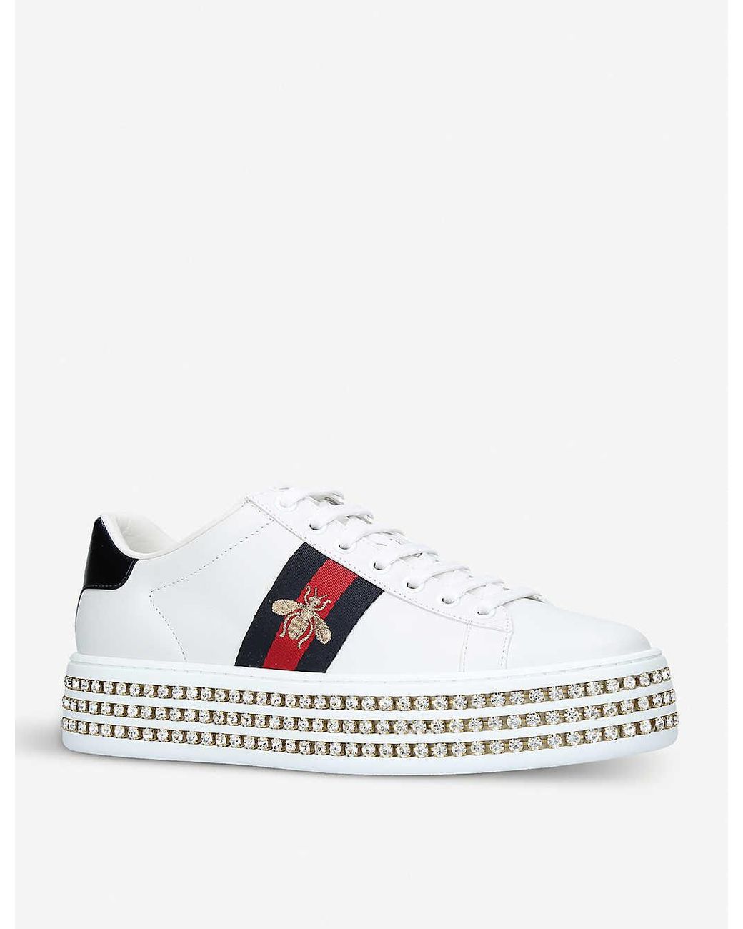 Gucci Womens White Women s New Ace Crystal Bee embroidered Leather Trainers 4 Lyst
