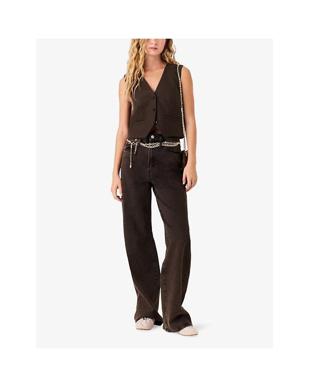 Maje Brown Rhinestone V-Neck Stretch-Woven Waistcoat