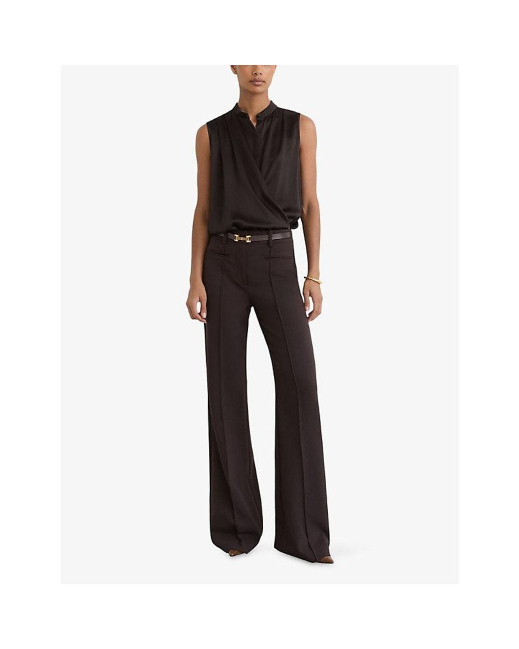 Reiss Black Gia Draped-Detail Sleeveless Silk Top