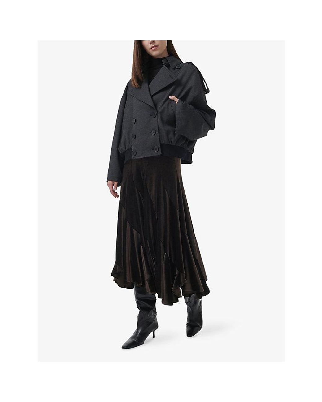 eem Black Panelled High-Rise Stretch-Velvet Midi Skirt