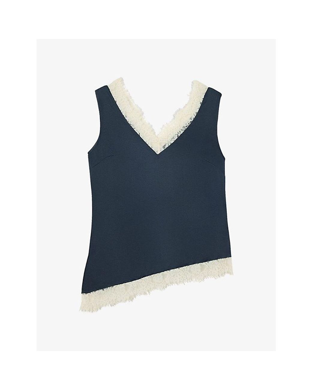 Whistles Blue V-Neck Lace-Trim Satin Top