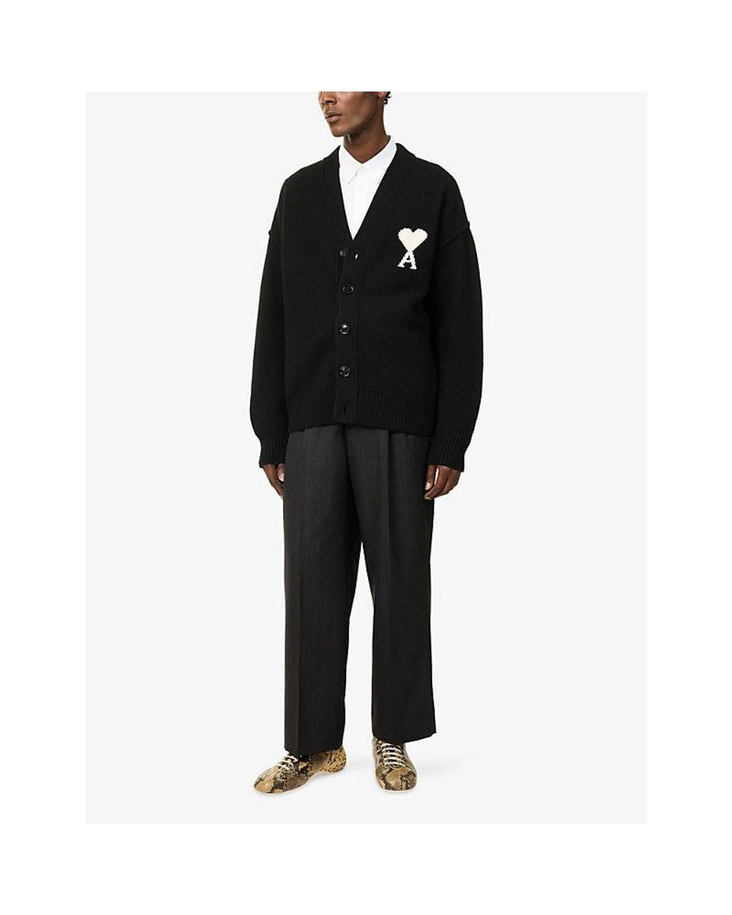 AMI Blue Intarsia-Logo V-Neck Wool Cardigan for men