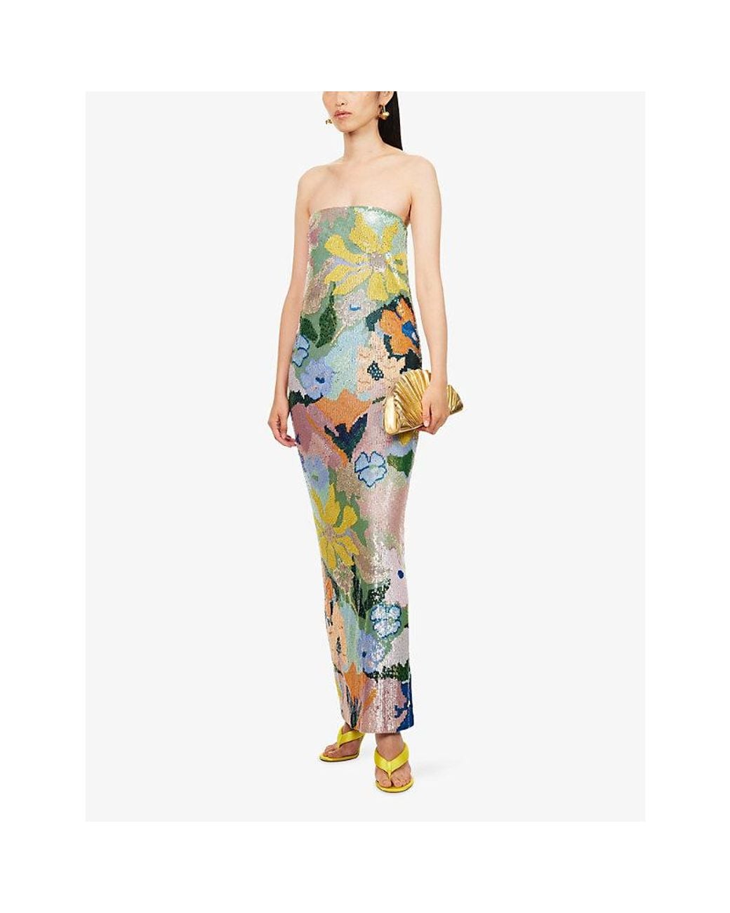 La Fuori Blue Floral Bandeau Sequinned Midi Dress